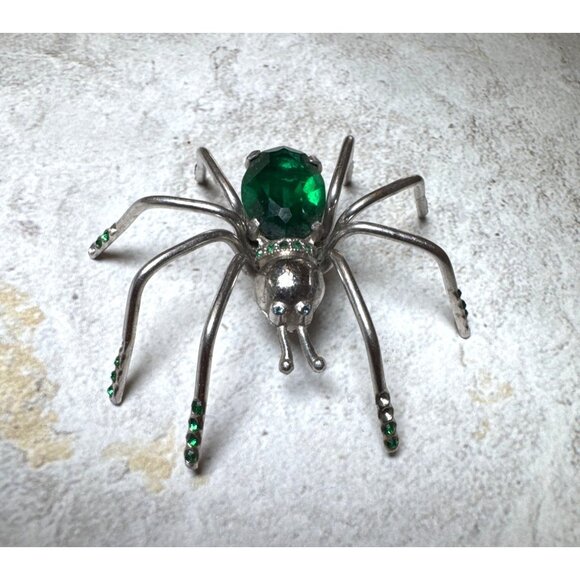 Vintage 1920s Large Spider Green Crystal and Stone Figural Brooch Pin - Picture 7 of 11